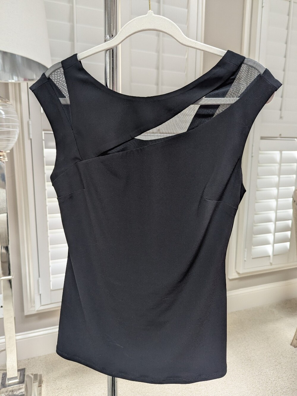 Frank Lyman Design Black Asymmetrical Mesh Accent Top